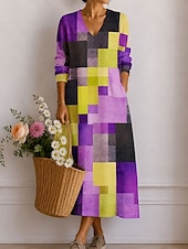 Women's Midi Dress Sundress Casual Dress A Line Dress Vacation Stylish Casual Holiday Regular Fit Graphic Geometric Long Sleeve V Neck Red Purple Orange Summer Spring