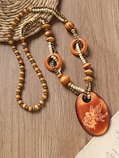 baratos Colar Feminino-Colar feminino boêmio com pingente de madeira, longo, com contas, estilo statement, com pingente de elefante, peixe e flores. Joia artesanal em madeira, ideal para férias, praia, festivais, viagens e