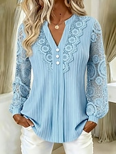 cheap Plain Blouses-Women's Shirt Eyelet Top Boho Shirt Lace Shirt Lace Solid Color Plain Elegant Bohemia Active Long Sleeve Long Tops Casual Blue Black Brown Green Beige Summer Spring Fall