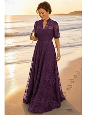 preiswerte Bodenlänge-A-Linie Kleid Bodenlang Spitzenkleid Brautmutterkleid Kurzarm V Ausschnitt Hoher Ausschnitt Elegant Vintage luxuriös Formell Hochzeitsgast Semi-Formal Spitze mit Stickerei Applikationen