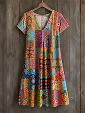 cheap Floral Dress-Easter Women's Knee Length Dress Shift Dress T Shirt Dress Tee Dress Summer Dress Elegant Bohemia Vacation Beach Party Holiday Regular Fit Floral Star Tropical Short Sleeve V Neck Blue White Red