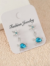 abordables Pendiente de mujer-Pendientes colgantes de tortuga marina para mujer, de aleación de plata, con estrella de mar y cristal azul, ideales para vacaciones, cruceros, resorts, fiestas de verano y bodas costeras.
