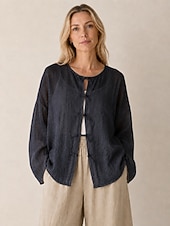 economico Collezione di Lino Premium-camicetta da donna 100% lino a maniche lunghe con bottoni, girocollo, vestibilità regolare, stile vintage, ideale per le vacanze, disponibile nei colori nero, rosa, rosso e verde, per l'estate e la primavera.
