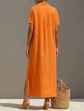  Damen Knielanges Kleid Baumwoll-Leinen-Kleider Vintage Täglich Urlaub Normale Passform Einfach Kurzarm Hemdkragen Weiß Orange Grün Sommer