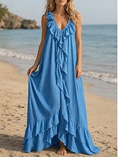 baratos Vestido branco-Mulheres Vestido Longo Vestido casual Vestido de verão Vestido plissado Básico Clássico Diário Praia Férias Ajuste Largo Tecido Sem Manga Decote V Azul Branco Rosa Vinho Verão Primavera