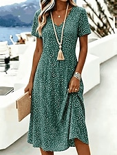 Femmes Robe Longueur Genou Robe T-Shirt Robe trapèze Vacances Occasionnel Boho Plage Coupe régulière Graphique À pois Manche Courte Col en V Bleu Rouge Vert Été Printemps