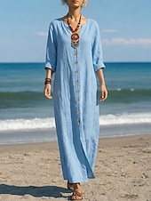  Per donna Abito maxi Abiti di lino Vintage Quotidiano Vestibilità comoda Colore Puro Manica Lunga Scollo a V Rosso Estate