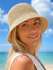 abordables Chapeaux pour femmes-Bob bohème en paille pour femme, chapeau de soleil d'été tissé, casquette de pêcheur légère de plage disponible en plusieurs couleurs, chapeau de voyage pour les vacances