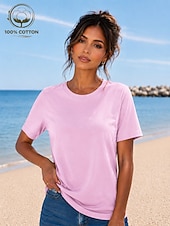 cheap Plain tee-Women's T Shirt Summer Tops Cotton Shirt Tee Top Solid Color Fashion Stylish Basic Short Sleeve Crew Neck Round Neck Regular Tops Casual Daily Beach Blue Khaki Indigo Green with beige Black Summer
