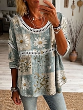 economico Bluse Floreali-Per donna Camicia Top traforato Tunica Stampato Floreale Grafico Vintage Quotidiano Elegante Manica 3/4 Girocollo Top Regolari Casuale Quotidiano Blu Cachi Rosso Arancione Estate Primavera
