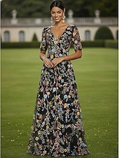 abordables Largo del piso-Corte A Vestidos Hasta el Suelo Vestido de Fiesta Vestido Cóctel Vestido de Madrina Media Manga Escote Elegante Vintage Lujoso Formal Invitado a la boda El derby de Kentucky Tul con Estampado flor