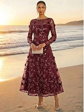 cheap Ankle Length-A-Line Dress Ankle Length Cocktail Dress Wedding Guest Dress Mother of the Bride Dress Long Sleeve V Neck Elegant Luxurious Casual Formal Wedding Guest Kentucky Derby Lace Tulle with 3D Flowers