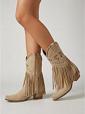 abordables Mujeres-Botas vaqueras de mujer estilo western con flecos, botas beige bordadas a media pantorrilla con tacón grueso para festivales de música al aire libre, conciertos country y fiestas bohemias.