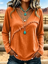  camicetta da donna a maniche lunghe con scollo a V e frange diagonali, orlo sfrangiato e texture stropicciata, stile western casual.