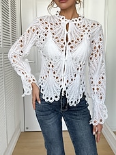  Damen Bluse Spitze Einfarbig Vintage Stilvoll Basic Langarm Hoher Ausschnitt Normale Oberteile Lässig Täglich Party Blau Schwarz Weiß Gelb Rosa Sommer Frühling