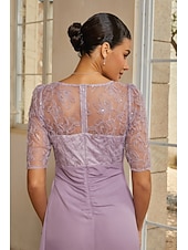 cheap Polished Edit-Women's Sheath Column Cocktail Dress Wedding Guest Dress Ankle Length V Neck Half Sleeve Illusion Sleeve Elegant Mother Of The Bride Semi Formal with Chiffon 3D Floral Mesh Slit Side Draping Lavender