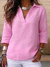  Per donna Cotone lavato Camicia di lino Testurizzato Vintage Manica 3/4 Colletto a Camicia Bianco Nero Rosa Primavera, Autunno, Inverno, Estate