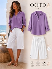  Women's Linen Shorts Capri Pants Slacks Summer Shorts Casual Calf-Length Natural Plain Pocket Elastic Drawstring Design Comfy Outdoor Outdoor Going out Light Pink Orange red White Pink Summer