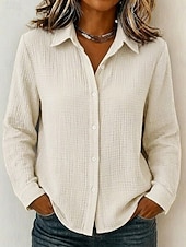 Dames 100% Katoen Button-down overhemd Textuur Knop Dagelijks Lange mouw Casual Geel Blozend Roze Beige Lente, Herfst, Winter, Zomer