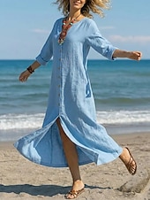 Per donna Abito maxi Abiti di lino Vintage Quotidiano Vestibilità comoda Colore Puro Manica Lunga Scollo a V Rosso Estate