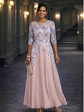 preiswerte Bodenlänge-A-Linie Bodenlang Spitzenkleid Brautmutterkleid Langarm Dreiviertelarm Rundhalsausschnitt Elegant Vintage Formell Hochzeitsgast Hochzeitsfeier Chiffon Spitze mit Stickerei Applikationen Blume