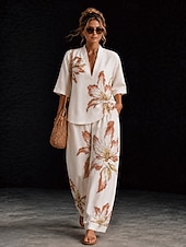 cheap Women's Blouse Suits-Women's Shirt Cotton Linen Sets Pants Sets Short Sleeve V Neck Floral Graphic Geometric Print Vacation Fashion Streetwear Casual Daily Outdoor Yellow Pink Dusty Rose Spring &amp; Summer Loose Fit