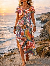 cheap Boho Dress-Women's Midi Dress A Line Dress Casual Beach Regular Fit Graphic Geometric Short Sleeve Crew Neck Blue Orange Summer Spring