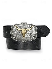 cheap Men's Belts-Men's Western Cowboy Belt, Vintage Embossed Faux Leather Belt for Men, Adjustable Length Country Style Waistband with Large Bull Skull Buckle, Retro Rodeo Jeans Accessory, Black Brown Colors