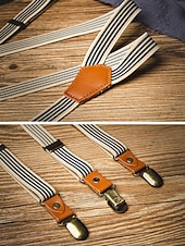 billiga Herrbälten-herr vintage randiga elastiska hängslen justerbara polyesterhängslen med läderflikar, klassiska y-formade hängslen för business casual, bröllop, resor, retro gentlemanstil