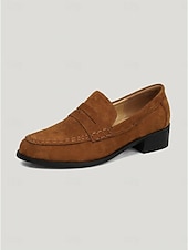 Недорогие Женские слипоны и лоферы-Women's Brown Suede Loafers - Penny Chunky Heel Slip-On Shoes for Pleated Skirts, Casual Streetwear