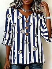 baratos Kukalliset paidat-Women's Blouse Buttons Print Floral Graphic Vintage Stylish 3/4 Length Sleeve Crew Neck Regular Tops Casual Daily Going out Blue White Summer Spring