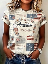  Amerikansk uavhengighetsdag Dame T skjorte Trykt mønster Grafisk Flagg Bokstaver Årgang Mote Stilfull Kortermet Crew-hals Vanlige topper Avslappet Daglig Helg Lys beige Sommer Vår