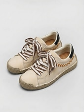 cheap Women's Sneakers-Women's Yellow Handcrafted Retro Casual Sneakers – Embroidery Lace-up Walking Shoes with Non-slip Sole for Travel, Outdoor Walking &amp; Everyday Wear