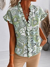 abordables Blusas Florales-Mujer Camisa Sayo Volante Floral Graphic Elegante Moda Diario Manga Corta Escote en Pico Tops regulares Casual Diario Morado Naranja Verde Trébol Verano Primavera