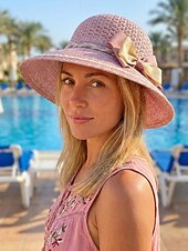 baratos Chapéus Femininos-Chapéu de sol feminino de aba larga em tecido trançado com laço, elegante chapéu de palha multicolorido para o verão, chapéu leve para praia, férias, proteção solar, viagens e atividades ao ar livre.