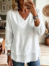  Dam Skjorta Boho skjorta Spetsskjorta Frans Ensfärgat Slät bohemliv Semester Dagligen Långärmad V-hals Långa toppar Ledigt Blå Vit Kaki Purpur Sommar Vår Höst