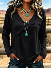  camicetta da donna a maniche lunghe con scollo a V e frange diagonali, orlo sfrangiato e texture stropicciata, stile western casual.