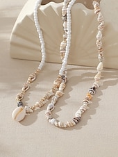 voordelige Dames ketting-Damesketting met meerdere lagen van natuurlijke schelpen, dubbele streng strandsieraden, handgemaakte ketting met schelpen en kralen, kustachtige boho-vakantieaccessoires voor zomerreizen en cruises.