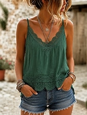 abordables Tops de Encaje-Mujer Top de empalme de encaje Tops de verano Cami Top Jacquard Ribete de encaje Encaje de ilusión Elegante Bohemia Activo Sin Mangas Escote en Pico Tops regulares Casual Blanco Amarillo Marrón Verde