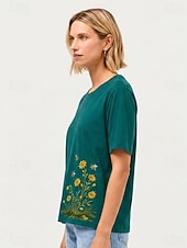 preiswerte Handbestickte Oberteile-Damen-T-Shirt aus 100 % Baumwolle mit Stickerei, Sommer-Tops mit floralem Pflanzenmuster, elegantem Vintage- und tropischem Design, Kurzarm, Rundhalsausschnitt, langes Oberteil, lässig, für Strand und