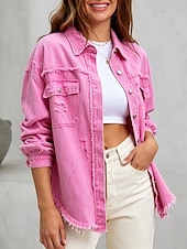  Blusa feminina estilo jeans com bolsos e botões, cor sólida, elegante, para férias, estilo vintage, manga longa com gola dobrada, modelo regular, casual, para uso diário, ao ar livre, nas cores preto, rosa, vermelho, cáqui, verde militar, para outono e in