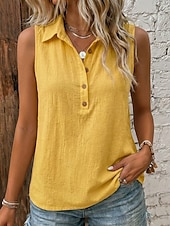  Damen Weste aus Baumwollleinen Textur Knöpfe Vintage Ärmellos Revers Normale Oberteile Weiß Gelb Grün Sommer Frühling