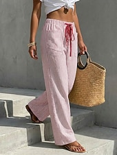 cheap Straight-Leg Pants-Women's Wide Leg Chinos Vacation Fashion Casual Daily Full Length Mid Waist Striped Comfort Inelastic Vacation Formal Blue Black Almond Red Summer Spring Loose Fit