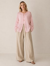 economico Collezione di Lino Premium-camicetta da donna 100% lino a maniche lunghe con bottoni, girocollo, vestibilità regolare, stile vintage, ideale per le vacanze, disponibile nei colori nero, rosa, rosso e verde, per l'estate e la primavera.