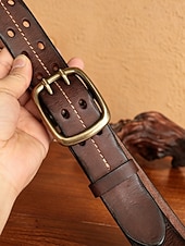 tanie Paski męskie-Męski pasek ze skóry licowej, regulowany pasek casualowy w stylu vintage z podwójną klamrą w kolorze brązowo-czarnym, klasyczny pasek do jeansów na co dzień, w podróż i do pracy