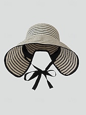 cheap Women's Hats-Women's Striped Foldable Sun Hat, Wide Brim Polyester Beach Hat for Women, Packable Summer Travel Vacation Cap, Elegant UV Protection Hat