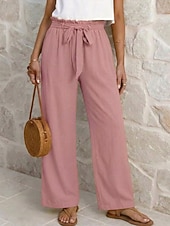 abordables Pantalones de pierna recta-Women's Wide Leg Vacation Lounge Pants Long High Waist Plain Tie Comfortable Micro-elastic Vacation Black Yellow Pink Blue Summer Spring Loose Fit