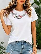 cheap Floral tee-Women's 100% Cotton T Shirt Embroidered T-shirt Floral Graphic Vintage Stylish Casual Short Sleeve Crew Neck Round Neck Regular Tops Casual Daily Weekend White Summer Spring
