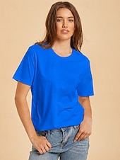 cheap Plain tee-Women's T Shirt Cotton Shirt Tee Top Solid Color Fashion Stylish Basic Short Sleeve Crew Neck Regular Tops Casual Daily Going out Blue Khaki Black White Yellow Summer Spring