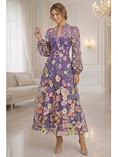 voordelige Enkel Lengte-A-lijn Tot de enkel Kanten jurk Moeder van de bruid jurk Lange mouw V-hals Elegant Vintage Luxueus Formeel Bruiloft gast Bruiloft Kant Tule met 3D-bloemen Borduurwerk Bloem